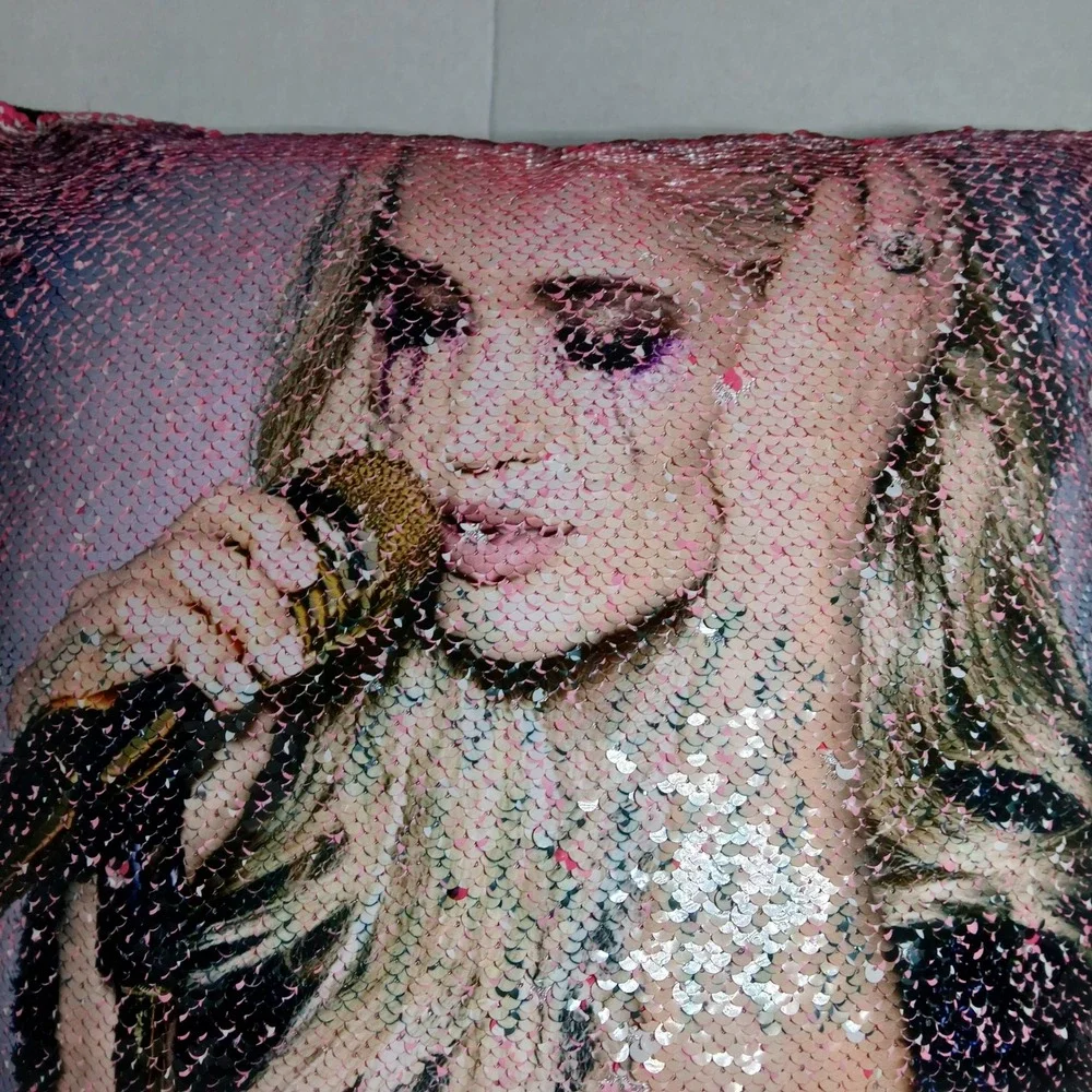 Carrie Underwood Sequin Throw Pillow Reversible‎ Flip Image to Pink Text